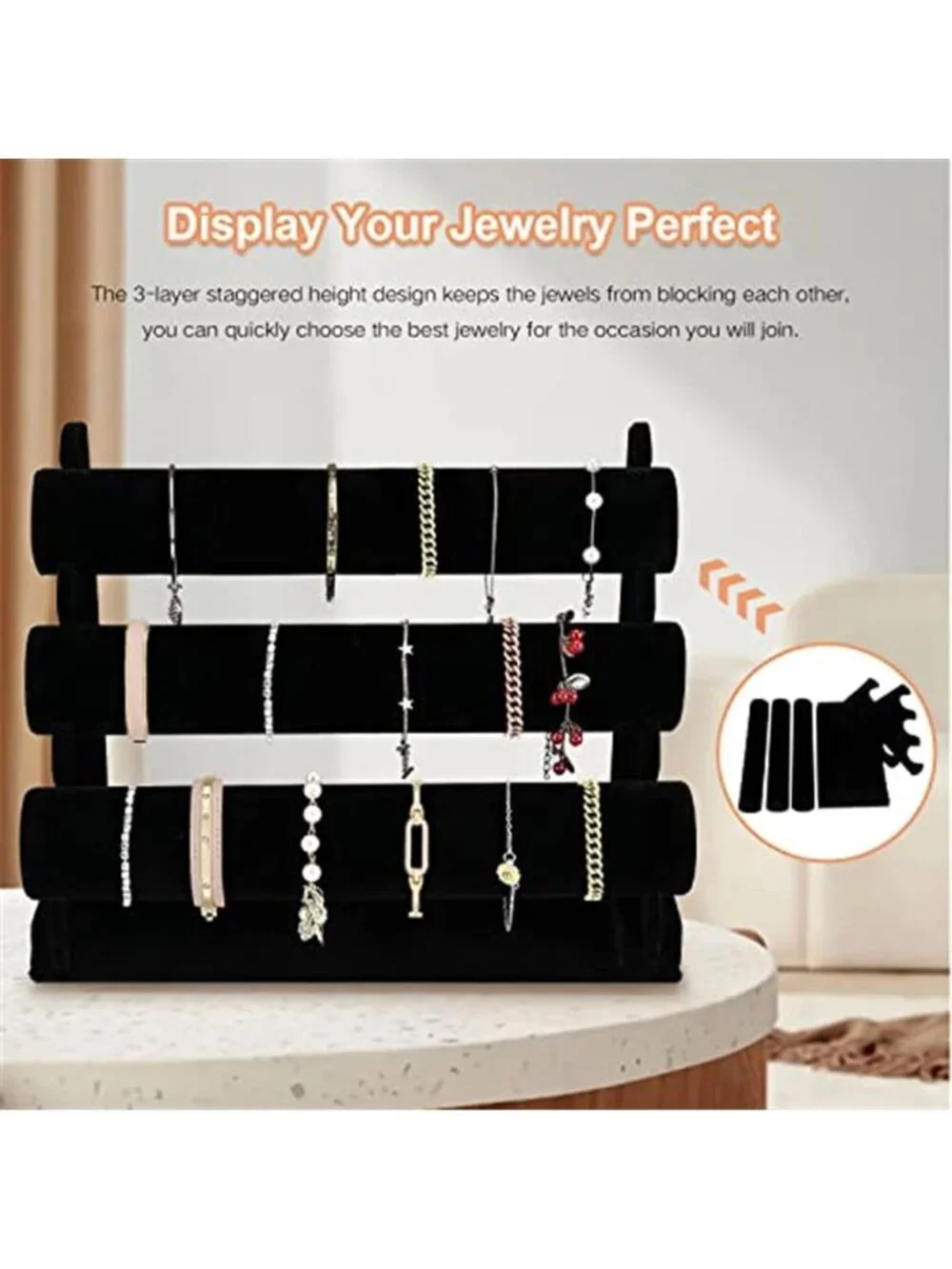 Velvet Bracelet Holder with 3 Tier Rack, Black Detachable Jewelry Display Stand